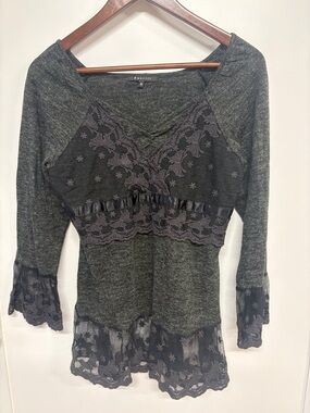 Dark Grey Lace Trim Long Sleeve Top
